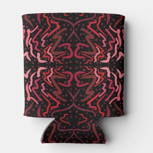 Pink And Red Dots And Squiggles Pattern On Black 缶クーラー (裏面)