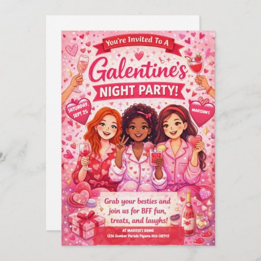 Pink and Red Galentine's Night Party Invitation 招待状 (正面/裏面)