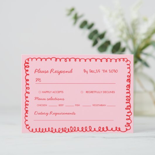pink and red hand drawn heart whimsical wedding 出欠カード (スタンド正面)