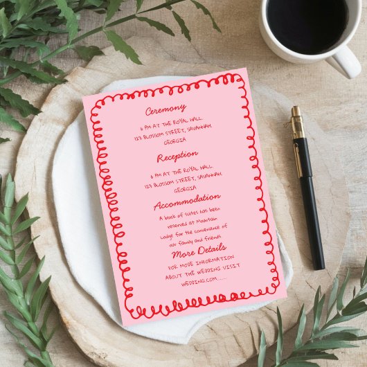 Pink and Red hand drawn heart Whimsical Wedding  招待状