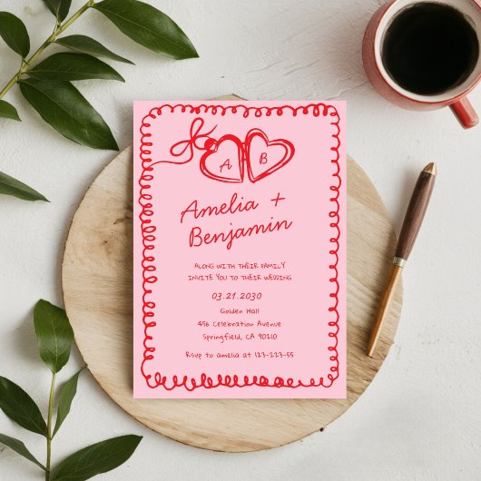 pink and red hand drawn heart Whimsical Wedding  招待状