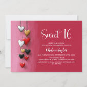 Pink and Red Heart Theme Sweet 16 Birthday 招待状 (正面)