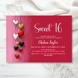 Pink and Red Heart Theme Sweet 16 Birthday 招待状