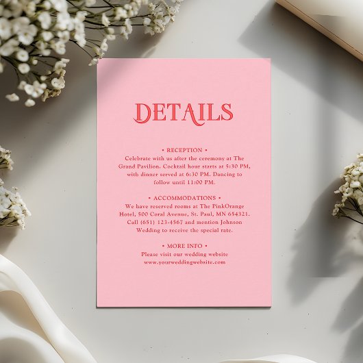 Pink and Red Minimalist Retro Wedding Details エンクロージャーカード