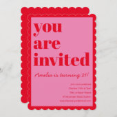 Pink and Red Modern 21st Scalloped Birthday Party 招待状 (正面/裏面)
