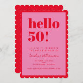 Pink and Red Modern 50th Scalloped Birthday Party 招待状 (正面/裏面)