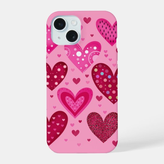 Pink and Red Patterned Hearts iPhone 15ケース (裏面)