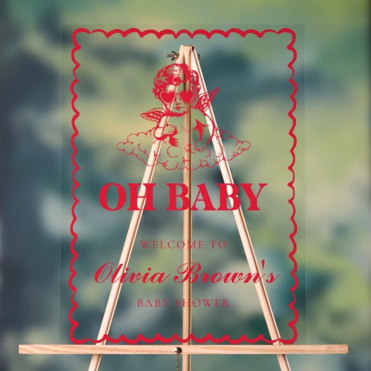 Pink and Red Retro Cherub Baby Shower アクリルサイン (ニュートラル)