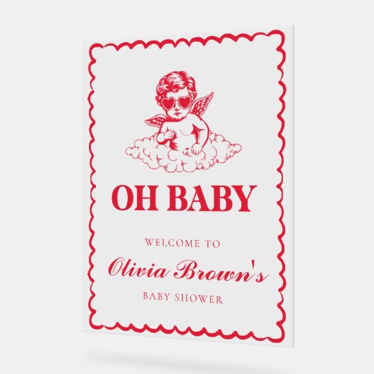 Pink and Red Retro Cherub Baby Shower アクリルサイン (傾斜)