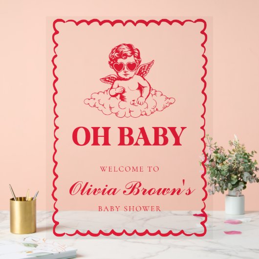 Pink and Red Retro Cherub Baby Shower アクリルサイン (ウェディング)