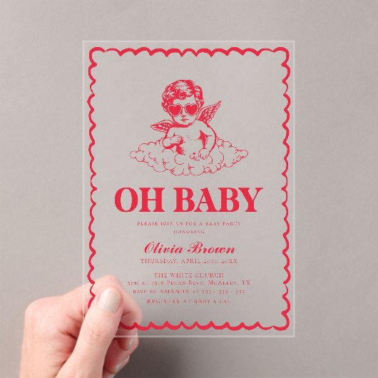 Pink and Red Retro Cherub Baby Shower アクリル招待状 (インサイチュ (ポータブル))