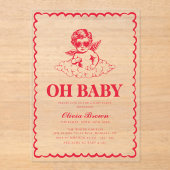 Pink and Red Retro Cherub Baby Shower アクリル招待状 (正面)