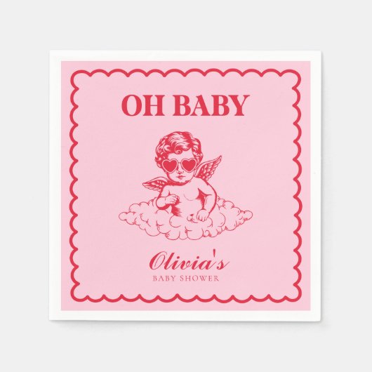 Pink and Red Retro Cherub Baby Shower スタンダードカクテルナプキン (正面)