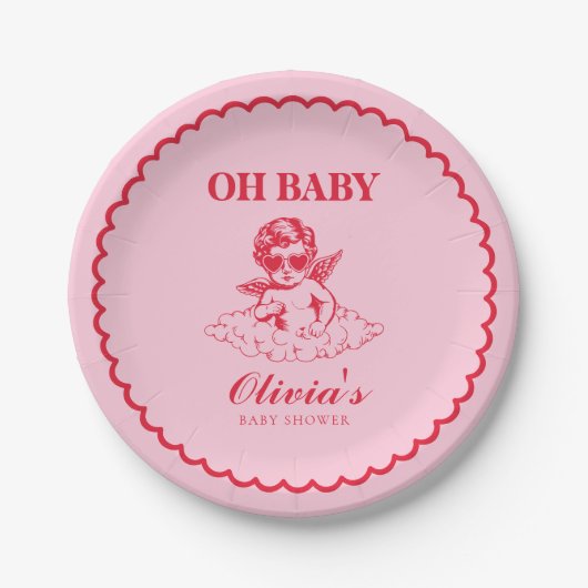 Pink and Red Retro Cherub Baby Shower ペーパープレート (正面)