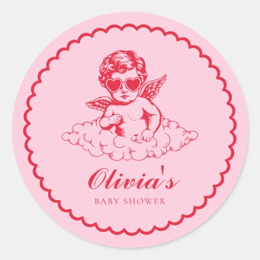 Pink and Red Retro Cherub Baby Shower ラウンドシール (正面)