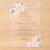 Pink and Rose Gold Floral Winter Girl Quinceañera アクリル招待状 (正面)
