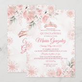Pink and Rose Gold Floral Winter Girl Quinceañera 招待状 (正面/裏面)