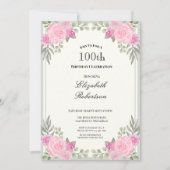Pink and Sage Green Floral 100th Birthday 招待状 (正面)