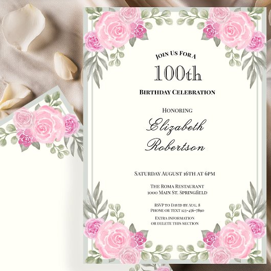 Pink and Sage Green Floral 100th Birthday 招待状