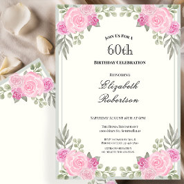 Pink and Sage Green Floral 60th Birthday 招待状