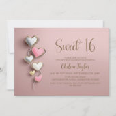 Pink and Silver Heart Theme Sweet 16 Birthday 招待状 (正面)