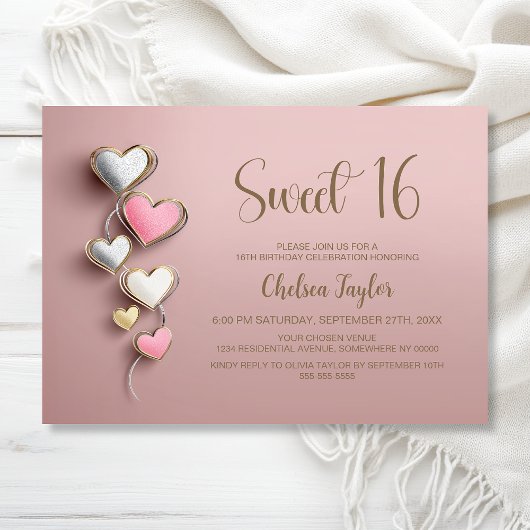 Pink and Silver Heart Theme Sweet 16 Birthday 招待状