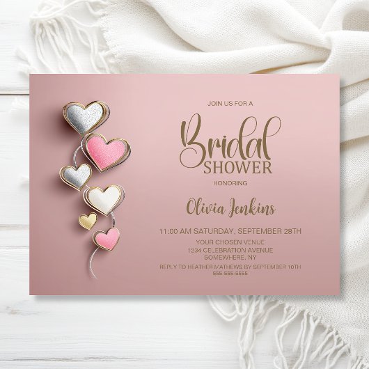 Pink and Silver Hearts Bridal Shower 招待状