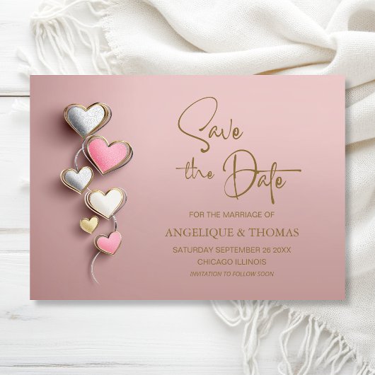 Pink and Silver Hearts Wedding Save the Date セーブザデート