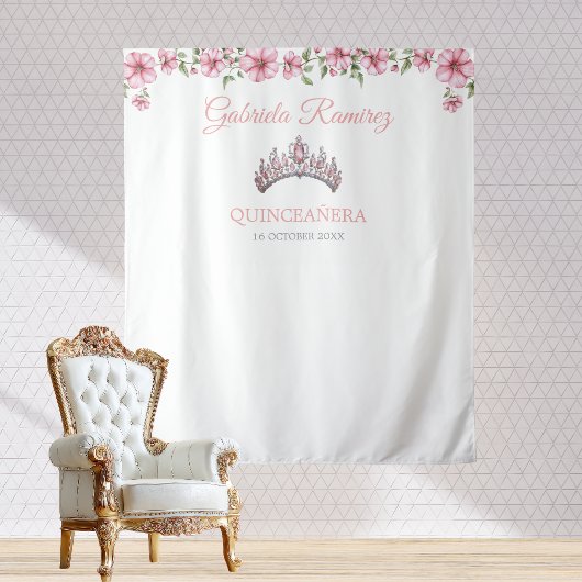 Pink and Silver Mis Quince Quinceañera Backdrop タペストリー