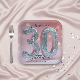 Pink and Silver Sparkling Disco Ball 30th Birthday ペーパープレート