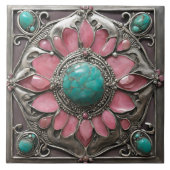 Pink and Teal Art Nouveau Mosaic Tile Pattern タイル (正面)