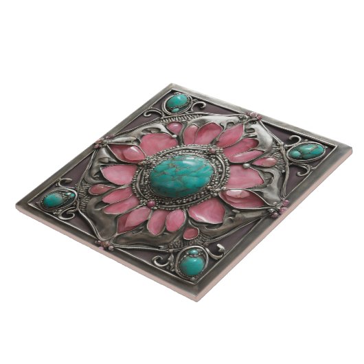 Pink and Teal Art Nouveau Mosaic Tile Pattern タイル (側面)
