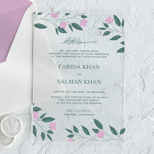 Pink and Teal Green Branch Islamic Muslim Wedding アクリル招待状