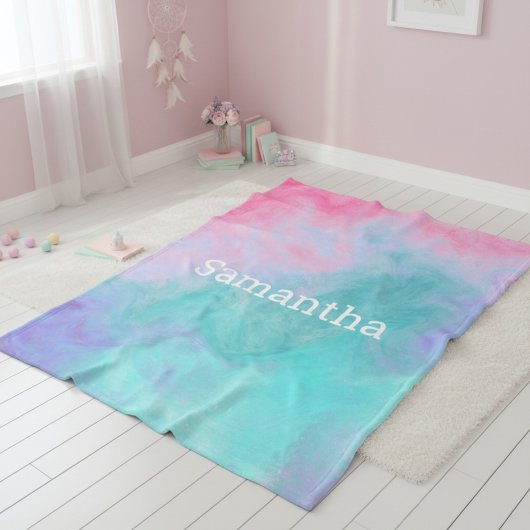 Pink and Teal Watercolor Custom Fleece Blanket フリースブランケット