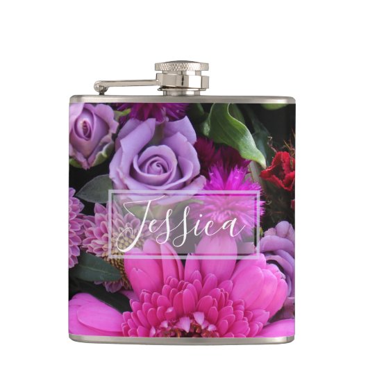Pink and Violet Flowers Personalised フラスク (正面)