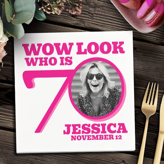 Pink and white 70th birthday photo look who is  スタンダードカクテルナプキン