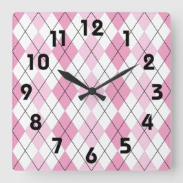 Pink and White Argyle Wall Clock スクエア壁時計