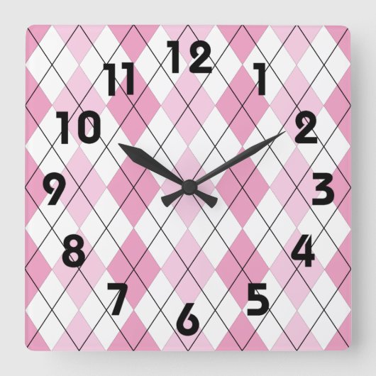 Pink and White Argyle Wall Clock スクエア壁時計 (正面)