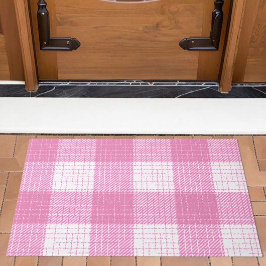 Pink and White Bold Checkered Plaid Design  ドアマット