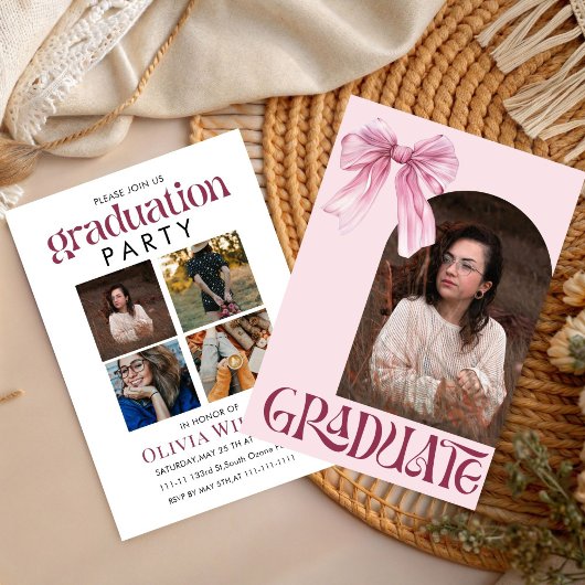 Pink and white Bow Graduation with Photos 招待状