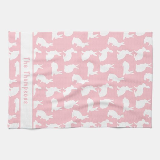 Pink And White Bunny Pattern And Name Easter キッチンタオル (横)