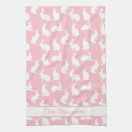 Pink And White Bunny Pattern And Name Easter キッチンタオル