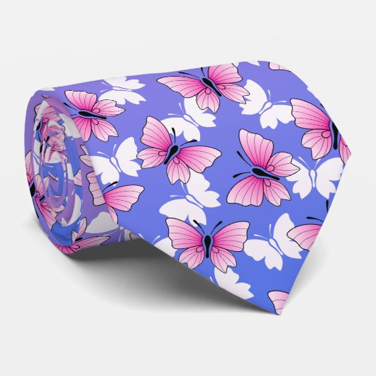 Pink and White Butterfly Pattern Neck Tie ネクタイ (ロール)