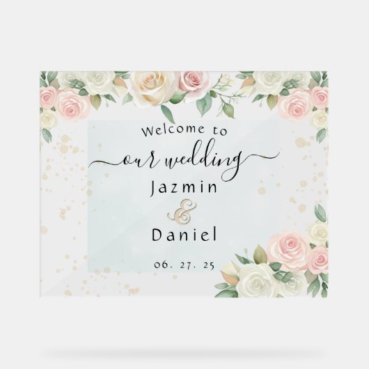 Pink And White Dusky Blooms Wedding Sign アクリルサイン (正面)