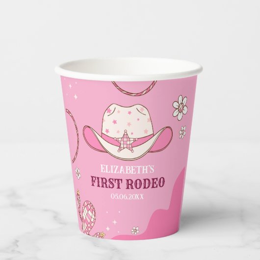 Pink and White First Rodeo Birthday Theme 紙コップ (正面)