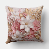 Pink and White Floral and Pearls Throw Pillow クッション (裏面)