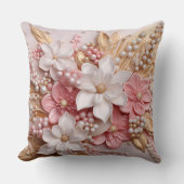 Pink and White Floral and Pearls Throw Pillow クッション (正面)