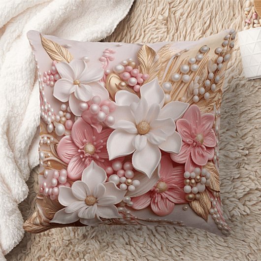 Pink and White Floral and Pearls Throw Pillow クッション