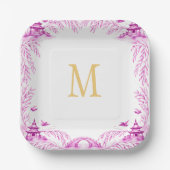 Pink and White Floral Willow Tile Monogram ペーパープレート (正面)