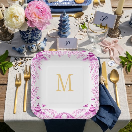 Pink and White Floral Willow Tile Monogram ペーパープレート